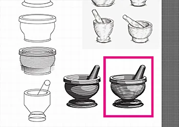 Thumbnail of mortar and pestle drawn in woodcut style, click to open larger version in new tab.