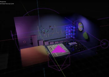 Fully rendered stage with all final science props. View is from behind the camera shown in pink wire, lighting is shown in purple wire. Click to open a larger version of this image in a new tab.