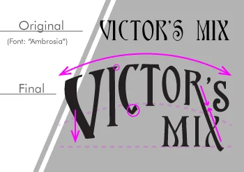A comparison of the source font and text used to create the final title font for packaging design.